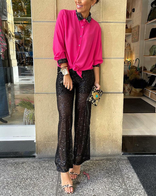 Two-piece set with sequined lapels top & sequined trousers