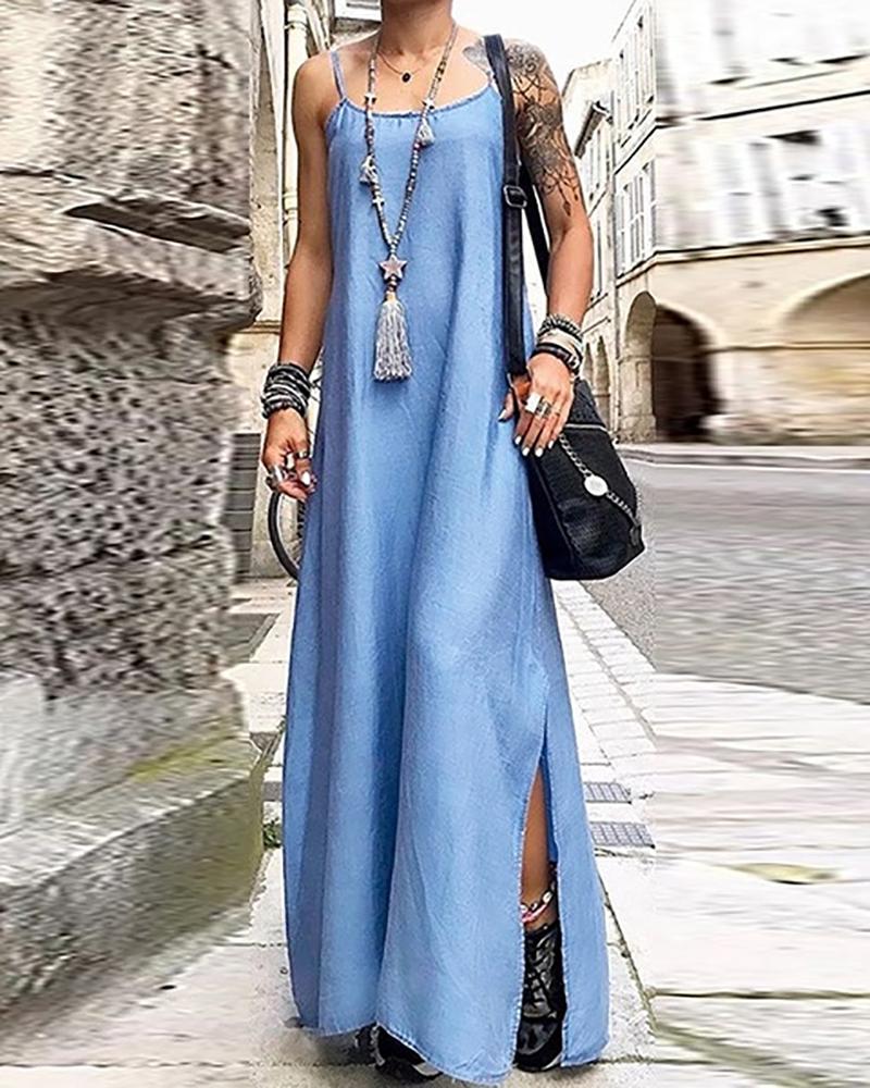 Solid Loose Strappy Denim Dress