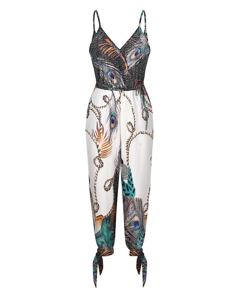 Sexy backless V-neck printed suspender jumpsuit