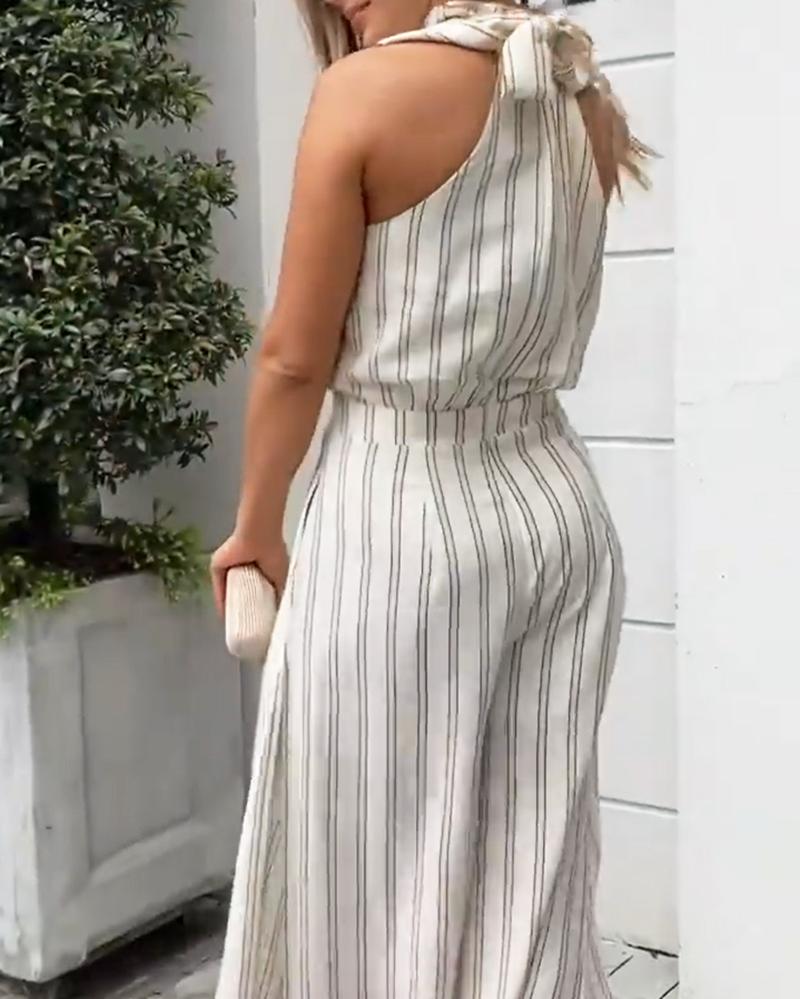 Striped print halterneck wide-leg jumpsuit