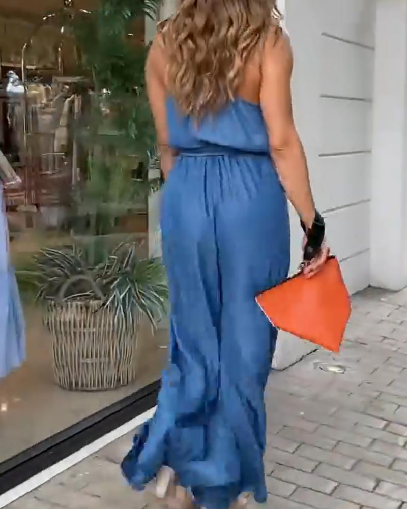 Solid V-Neck Sling Wide-Leg Jumpsuit