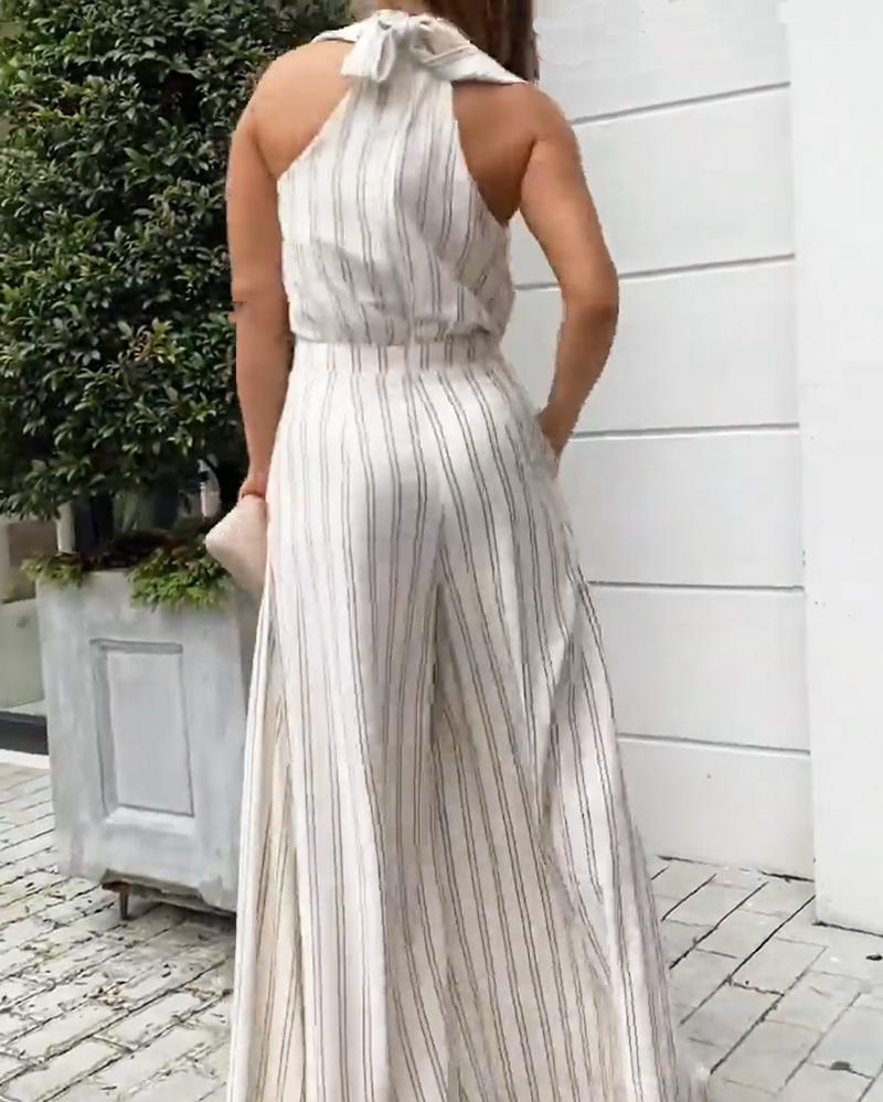 Striped print halterneck wide-leg jumpsuit