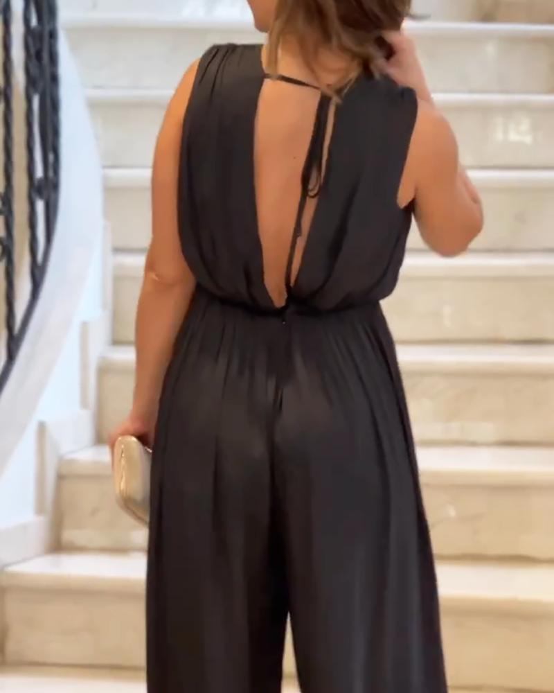 V-neck sleeveless high-waist jumpsuit