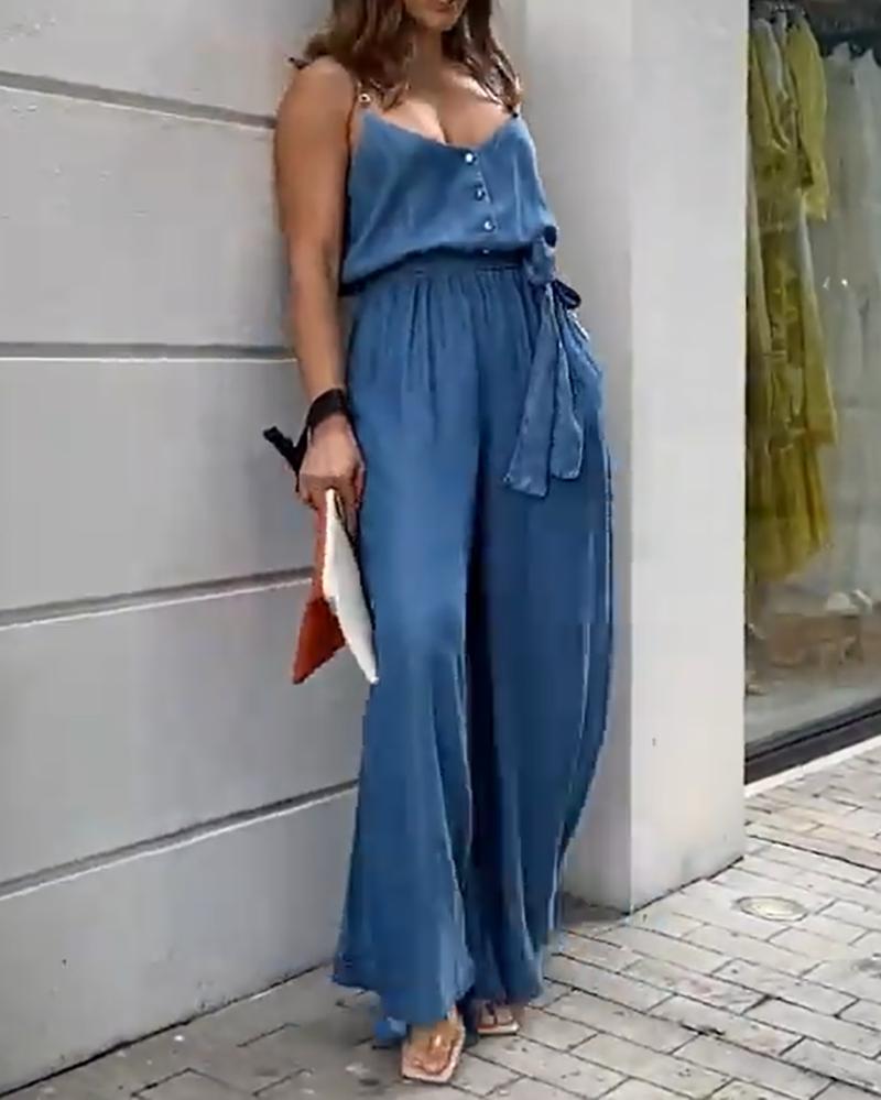 Solid V-Neck Sling Wide-Leg Jumpsuit