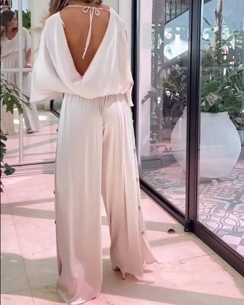 Casual open-back wide-leg jumpsuit