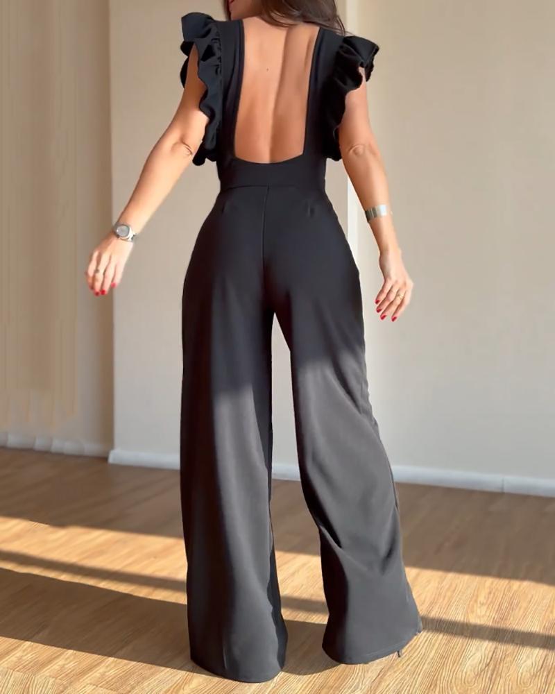 V-neck ruffled sleeve high waist jumpsuit