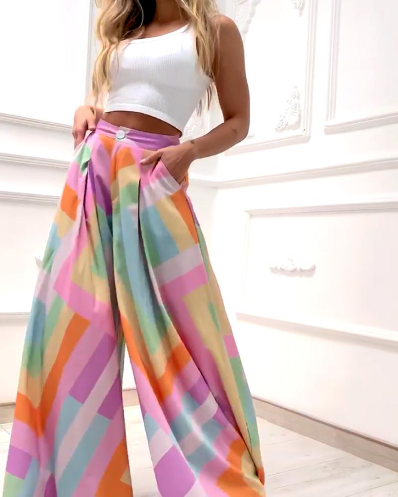 Casual Solid Color One Shoulder Top & Printed Wide Leg Pants Two Piece Set