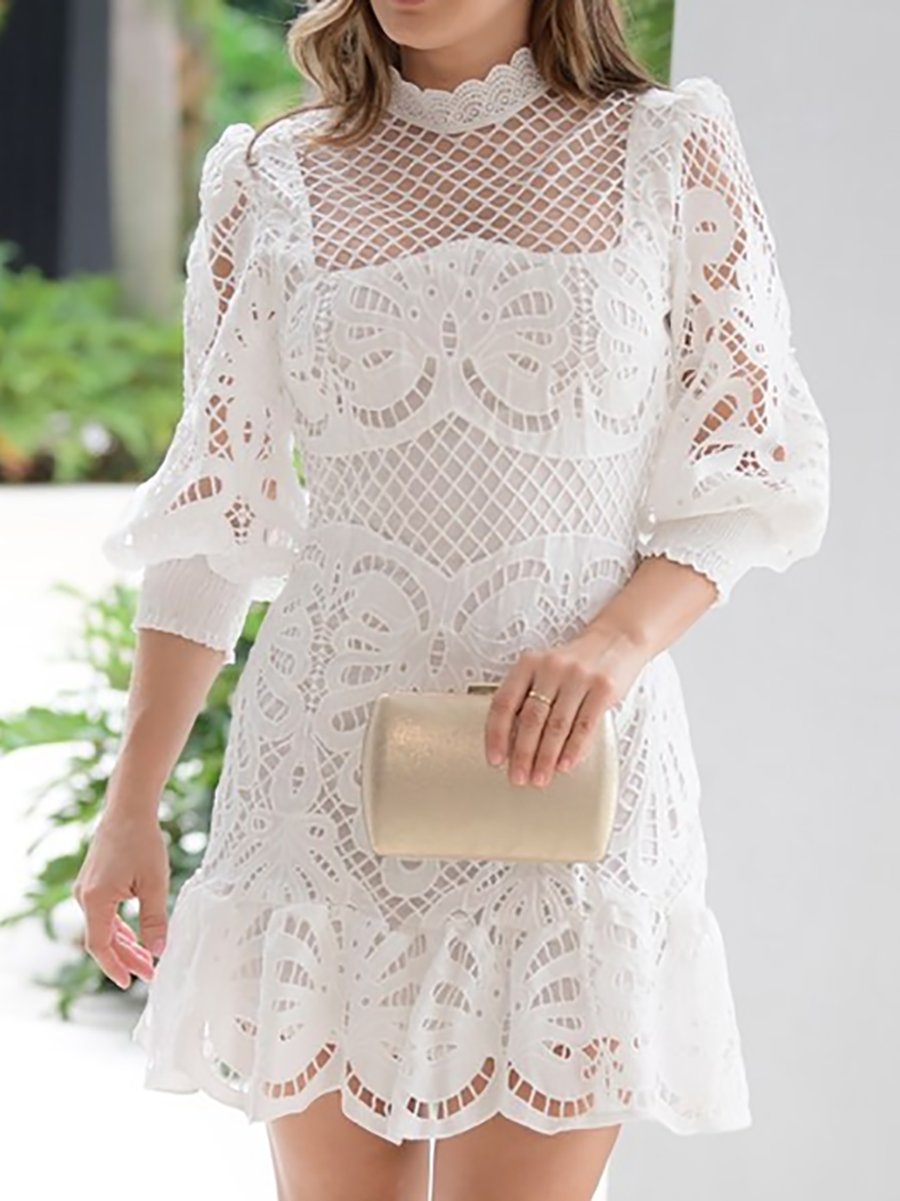 Solid Color Sheer Square Neck Lace Dress