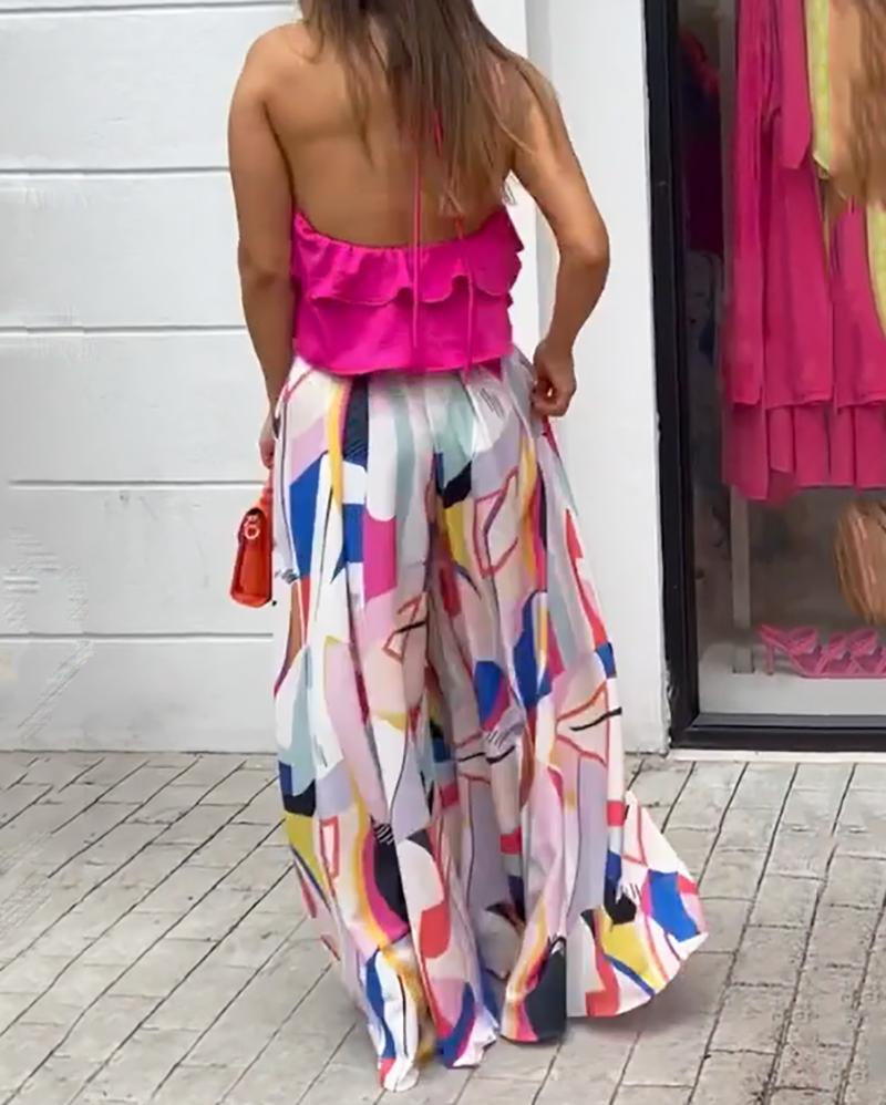 Set of sexy halterneck layered top & printed wide-leg pants