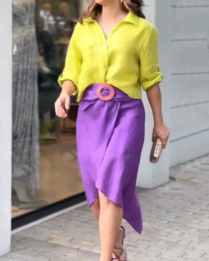 Solid color shirt & skirt two-piece set