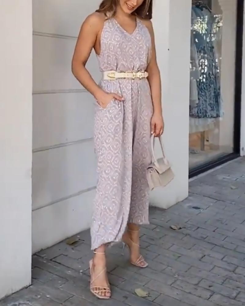 Casual sleeveless V-neck printed jumpsuit