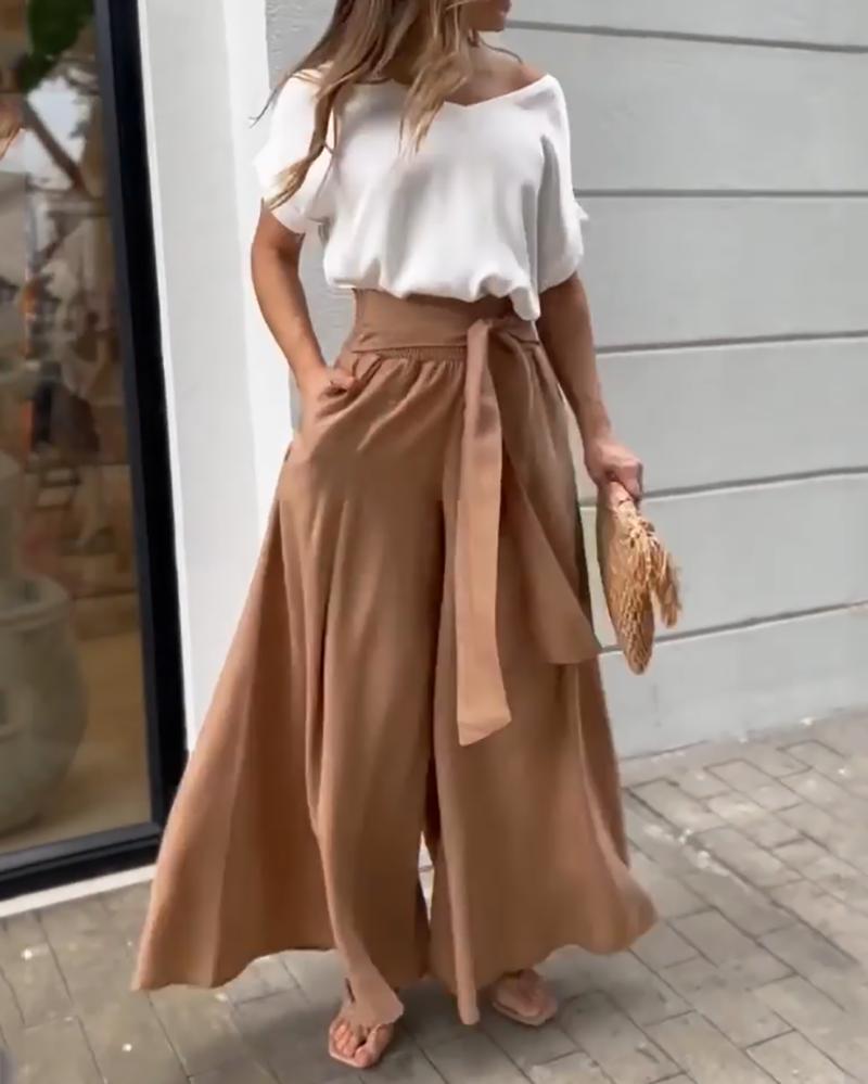 Two Piece Set of Short Sleeve Casual Top & Solid Color Pants