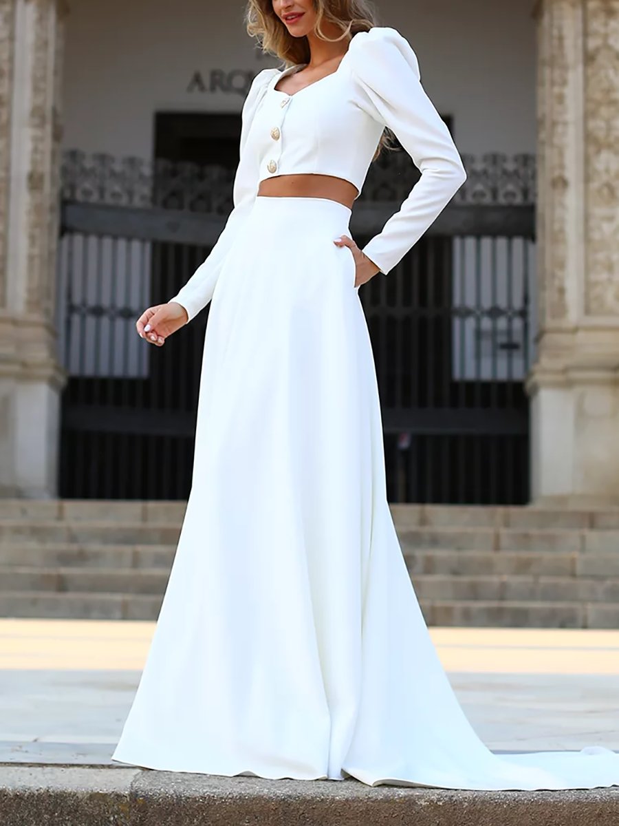 Square Neck Long Sleeve Cropped Top & High Waist Skirt Two-Piece Set