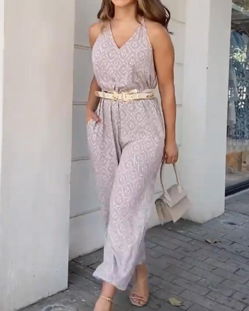 Casual sleeveless V-neck printed jumpsuit